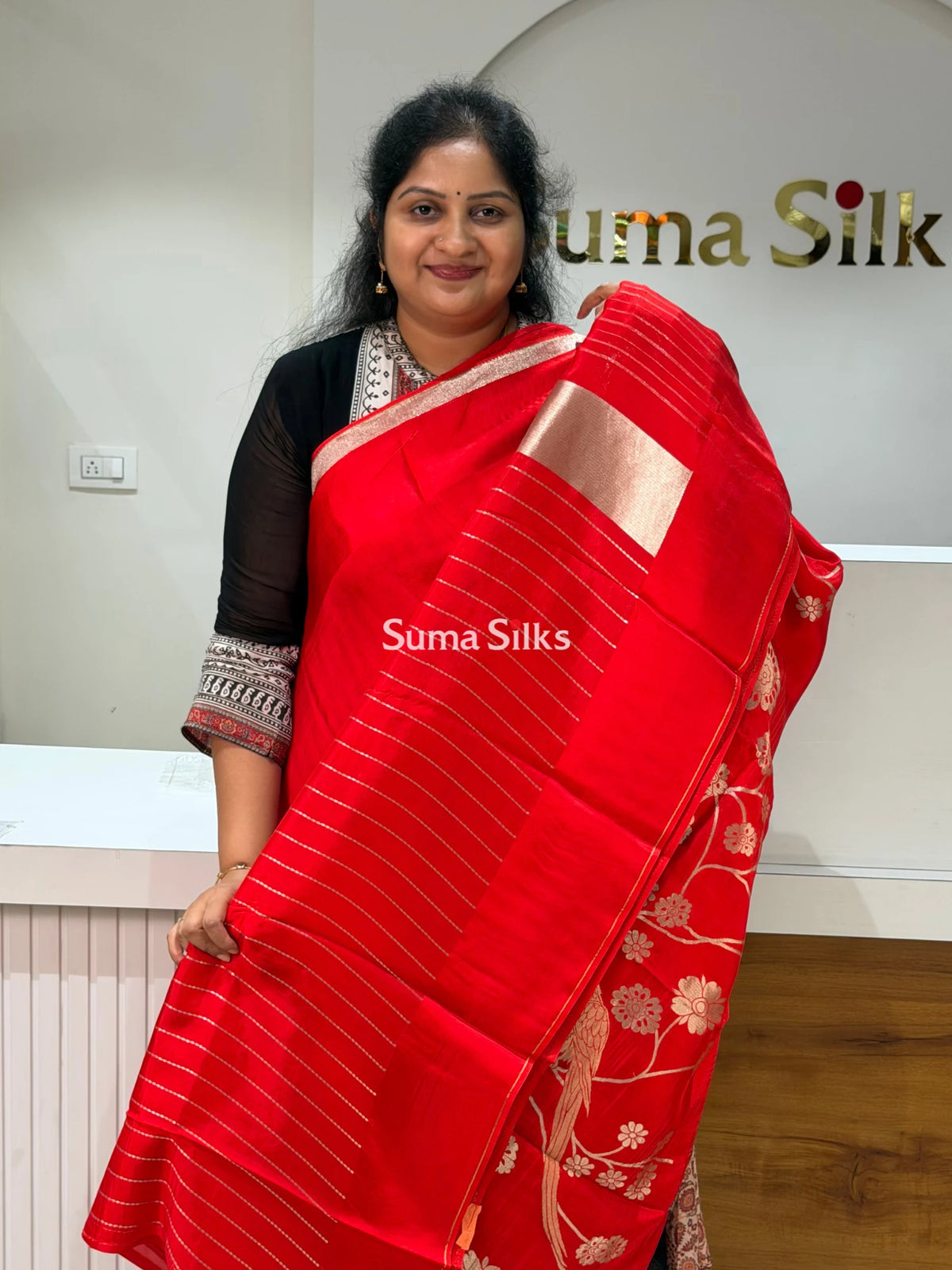 Kora Crepe Silk Parrot Jaal Red Half Saree Style