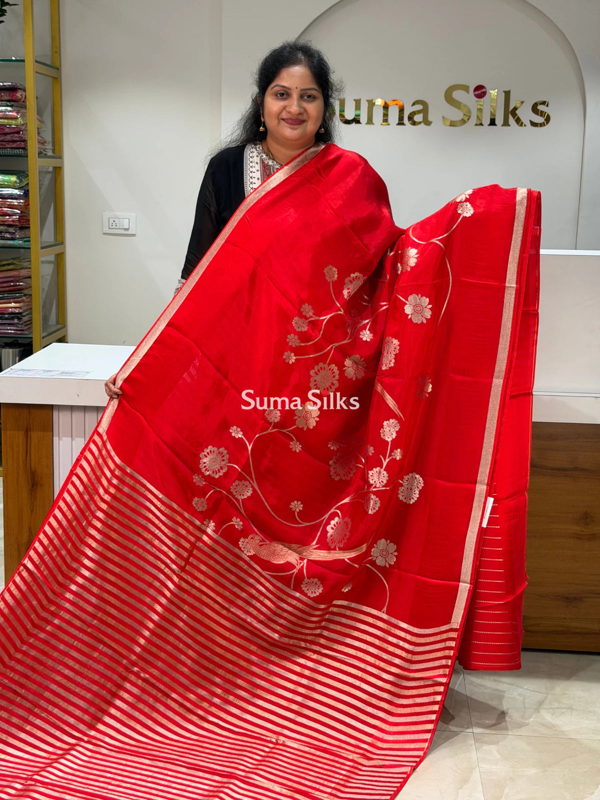 Kora Crepe Silk Parrot Jaal Red Half Saree Style