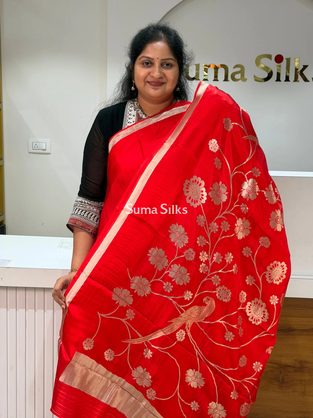 Kora Crepe Silk Parrot Jaal Red Half Saree Style