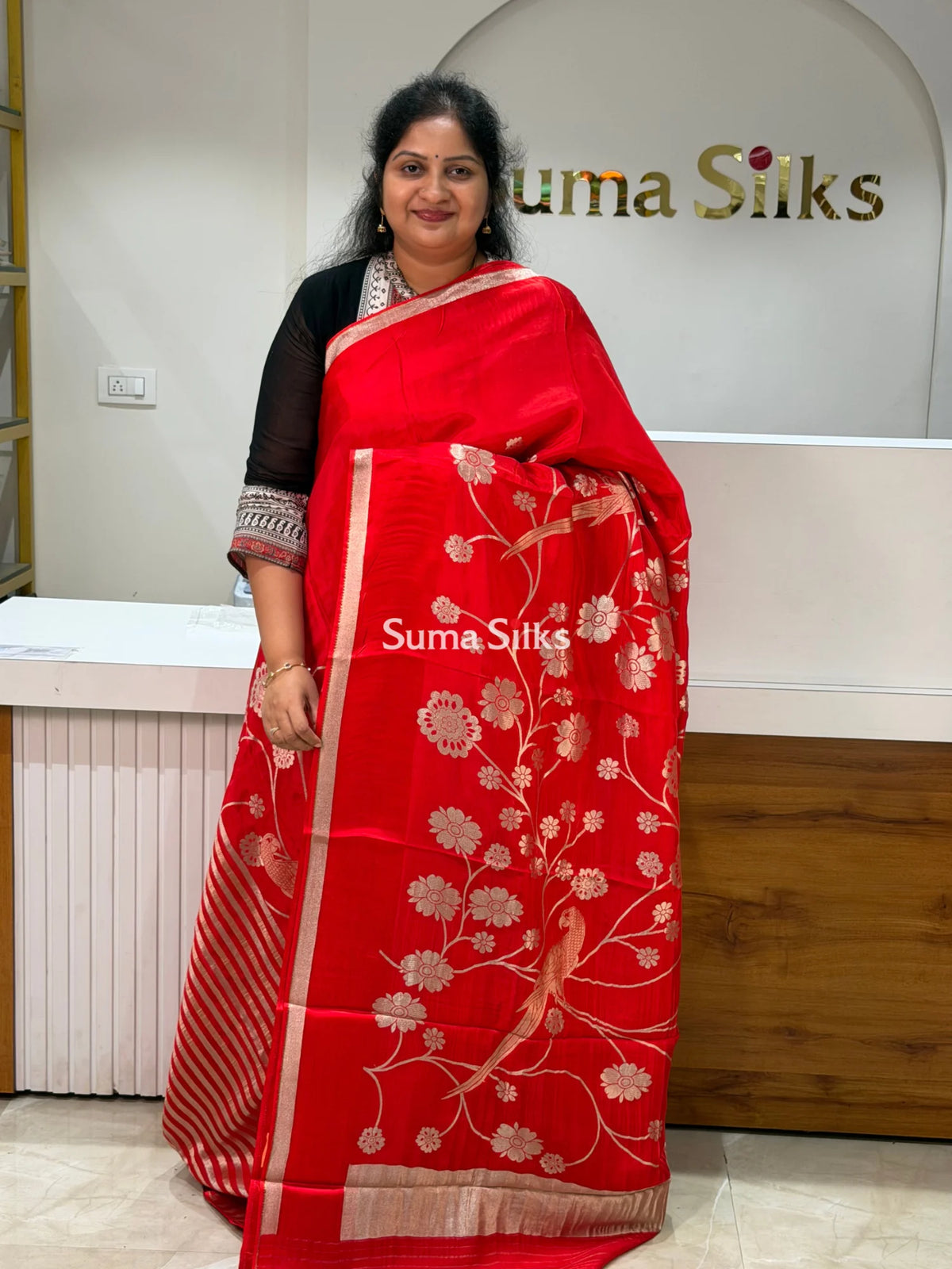 Kora Crepe Silk Parrot Jaal Red Half Saree Style
