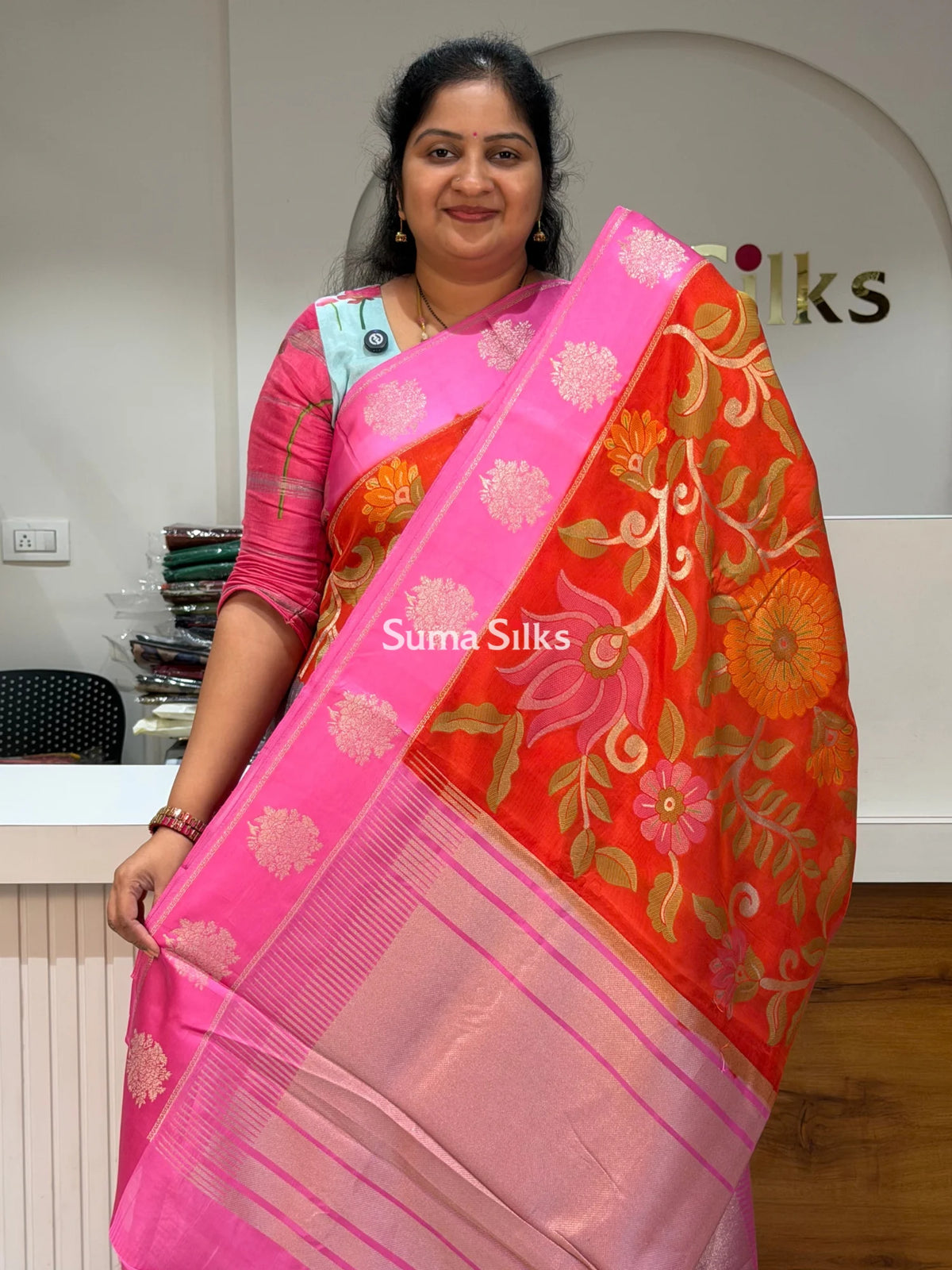 Kosa Silk Jamdani Saree Orange Color