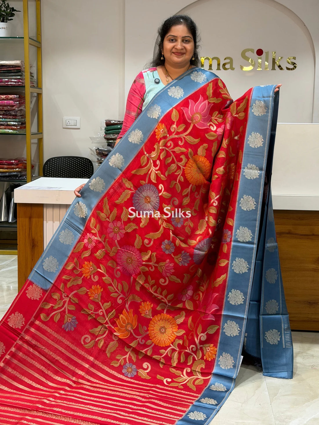Kosa Silk Jamdani Saree Red Color