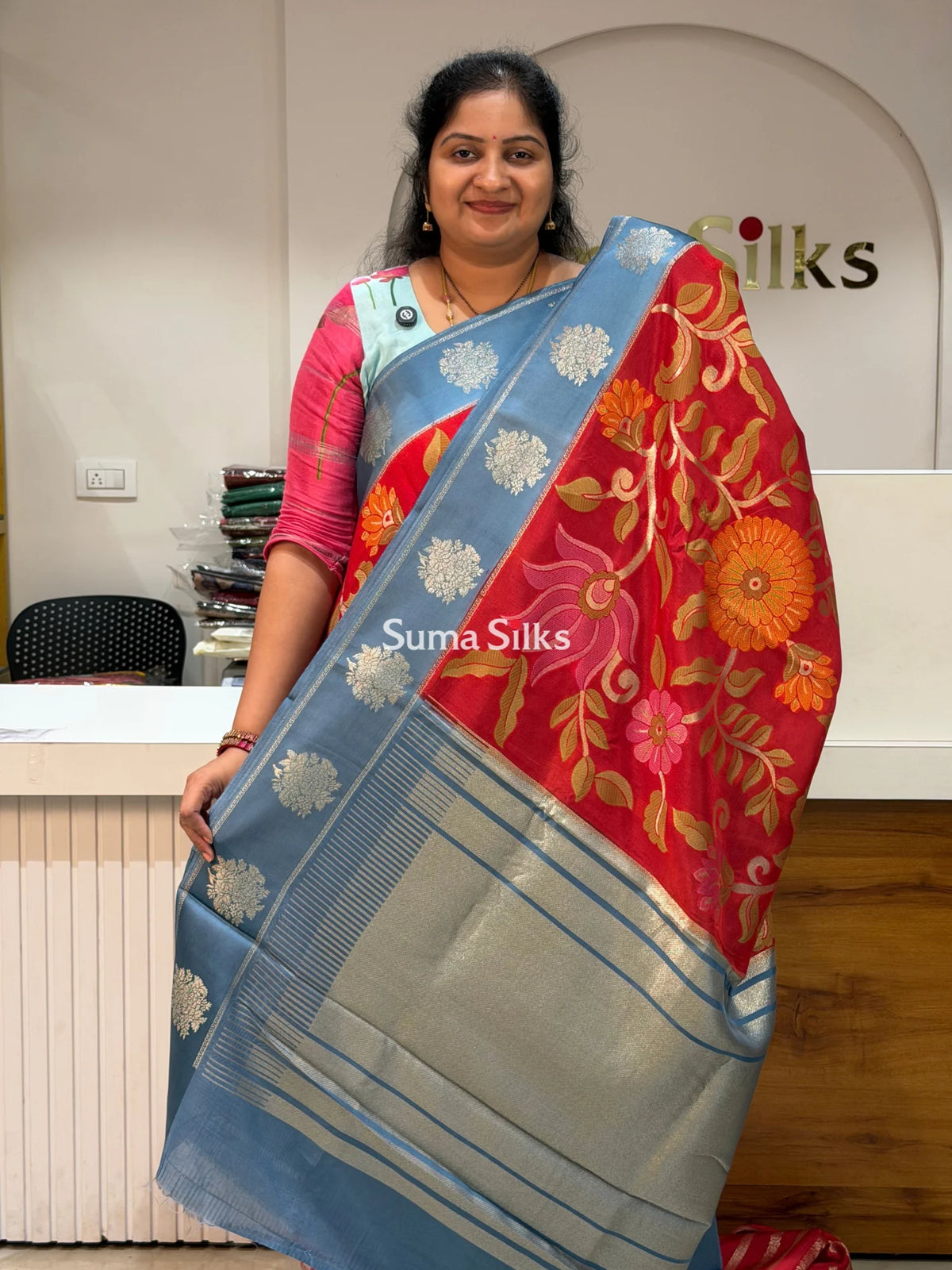 Kosa Silk Jamdani Saree Red Color