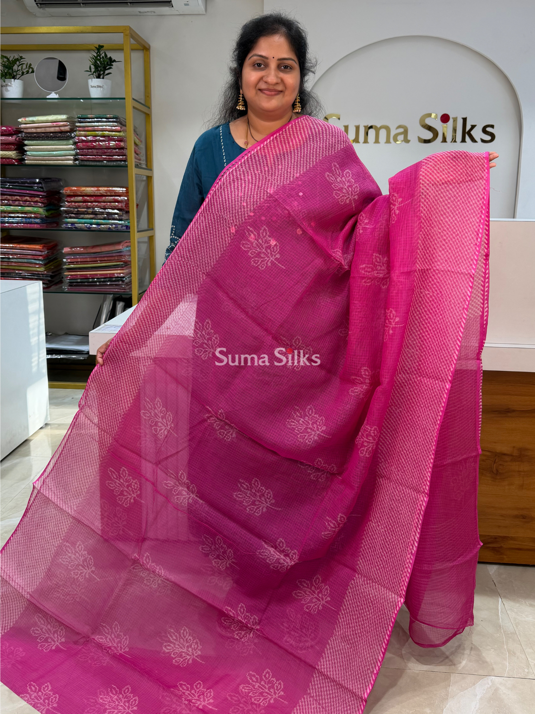 Jaipur Kota Block Printed Leaf Pink Saree