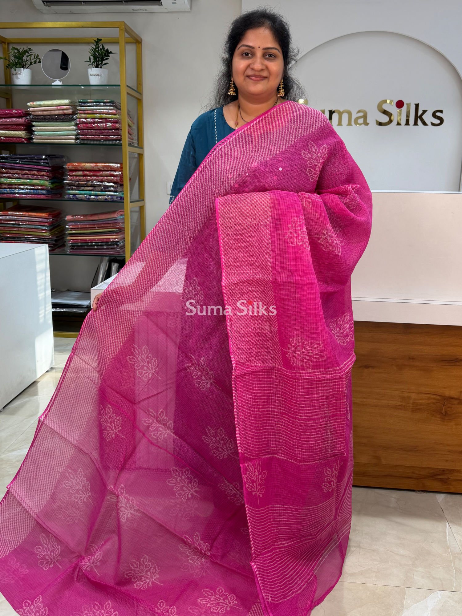 Jaipur Kota Block Printed Leaf Pink Saree