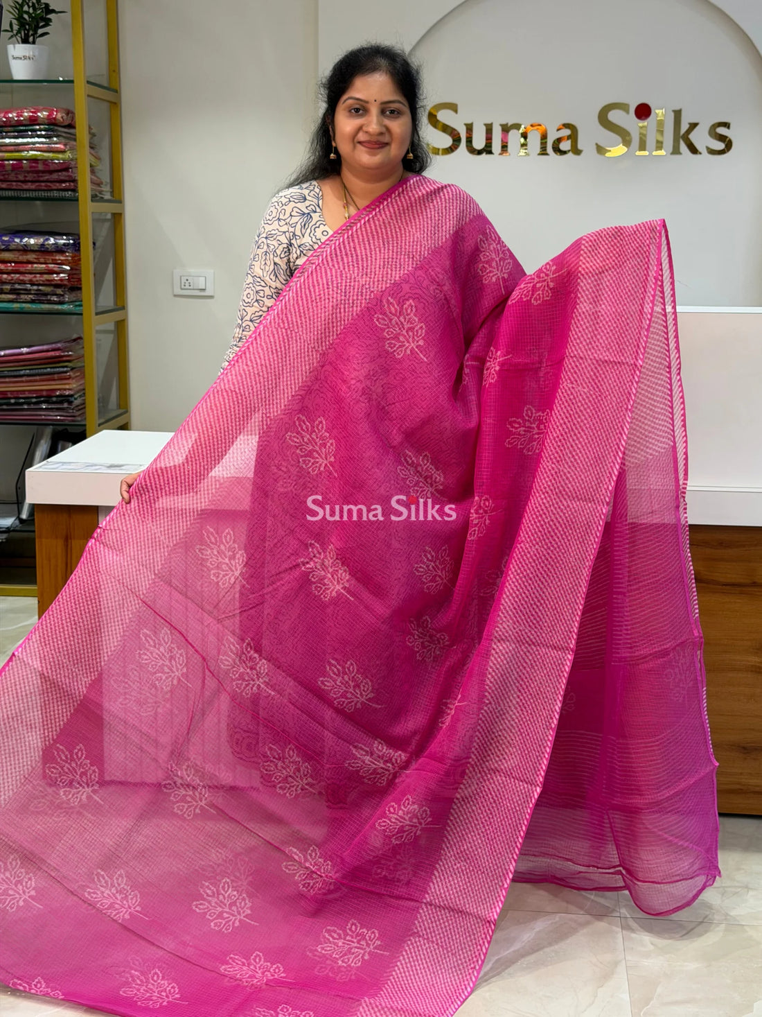 Jaipur Kota Block Printed Leaf Pink Saree