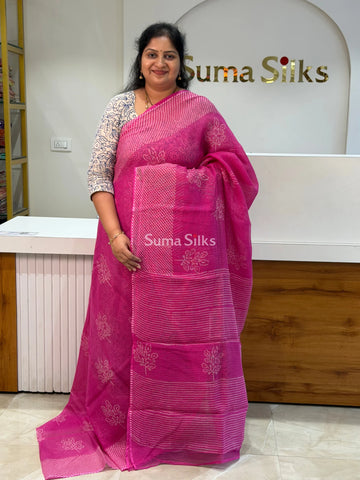 Jaipur Kota Block Printed Leaf Pink Saree