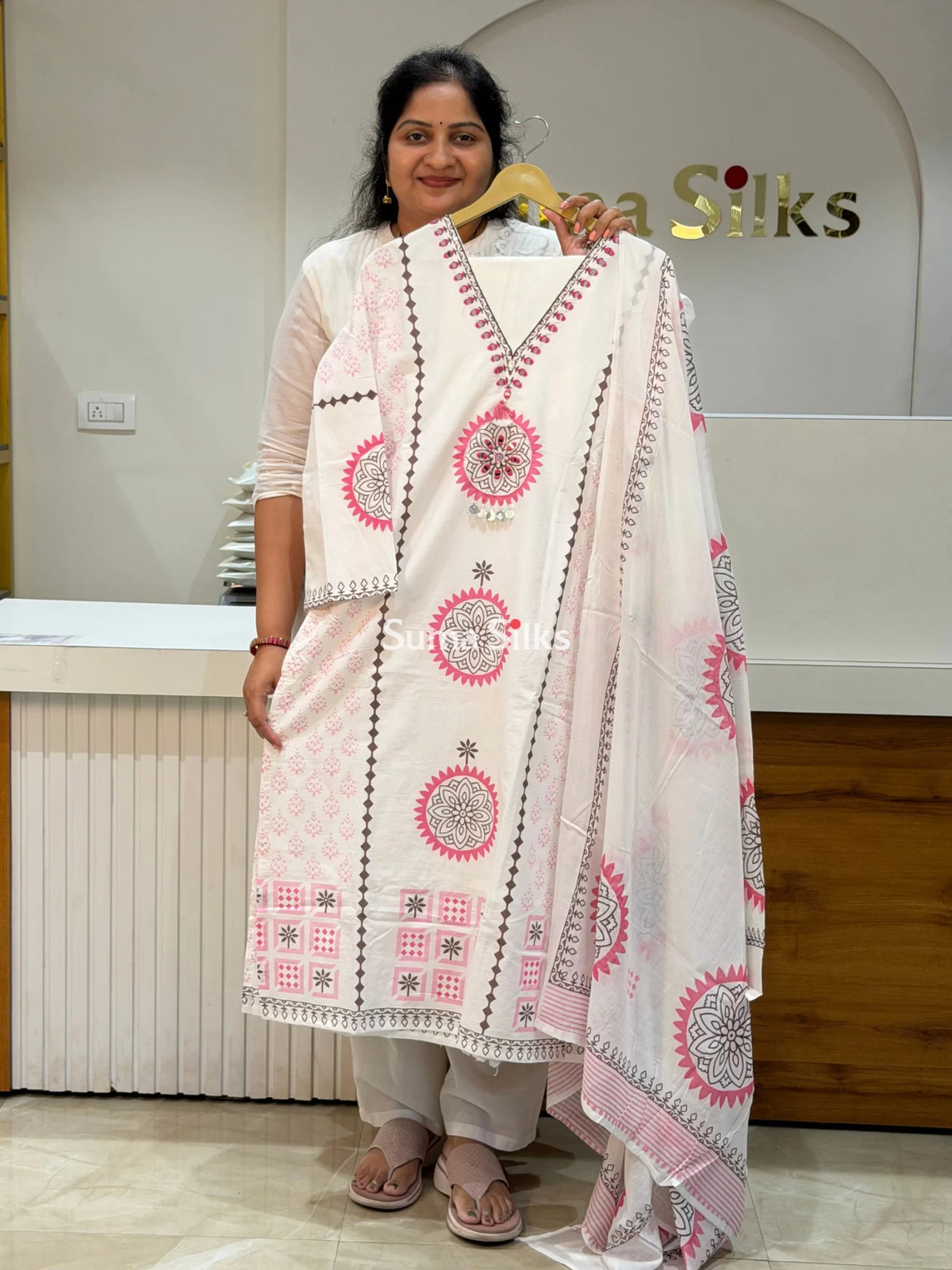 Pure Cotton Jaipur Block Printed Readymade Suit Set with Mirror Work