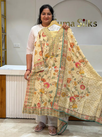 Linen Kalamkari Digital Printed Readymade Suit Set with Crochet Lace Work