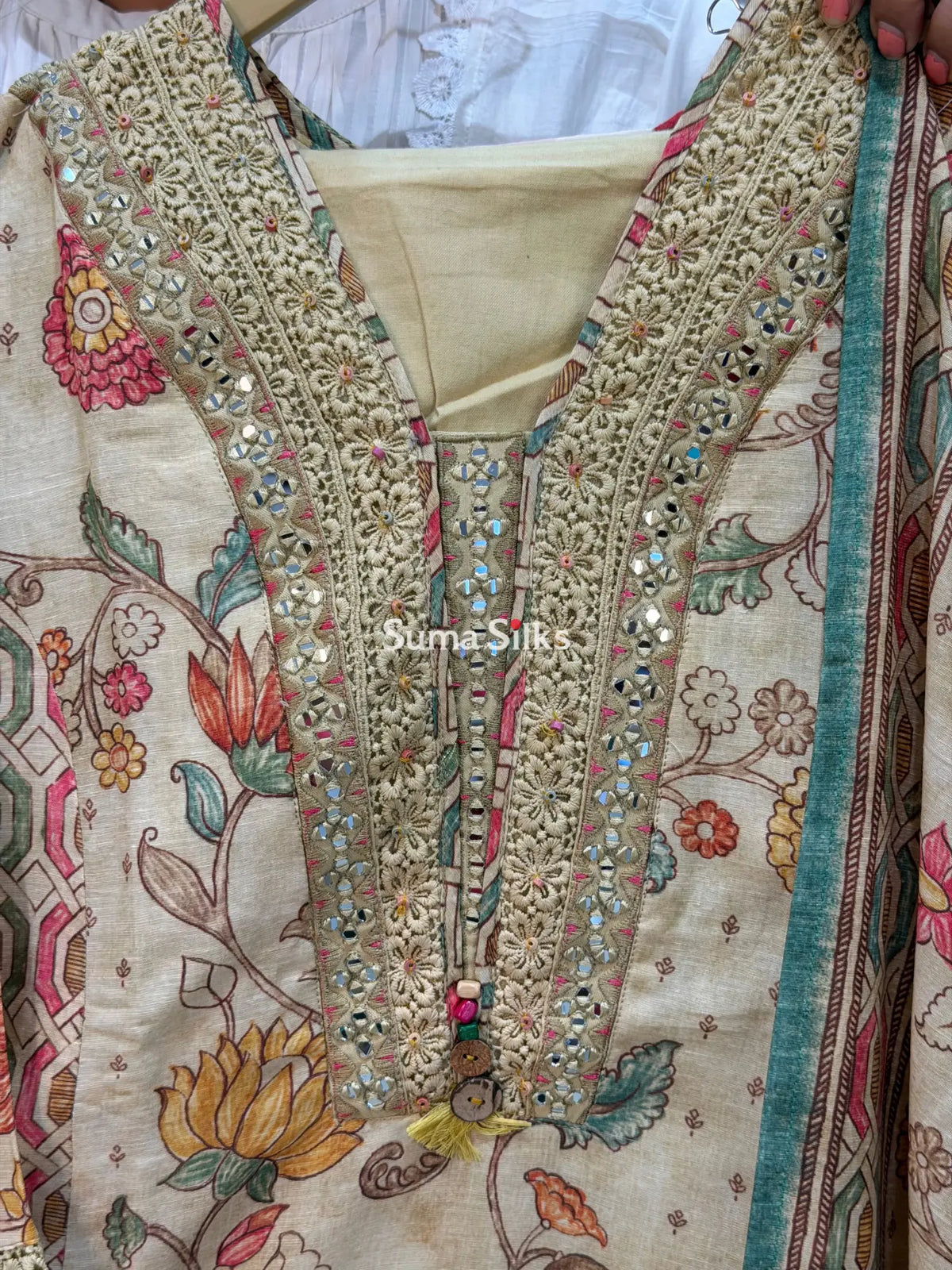 Linen Kalamkari Digital Printed Readymade Suit Set with Crochet Lace Work