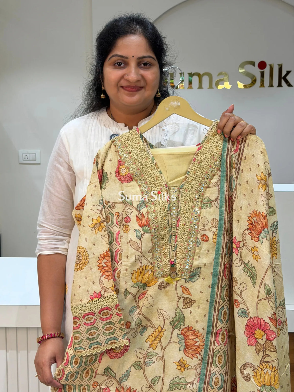 Linen Kalamkari Digital Printed Readymade Suit Set with Crochet Lace Work
