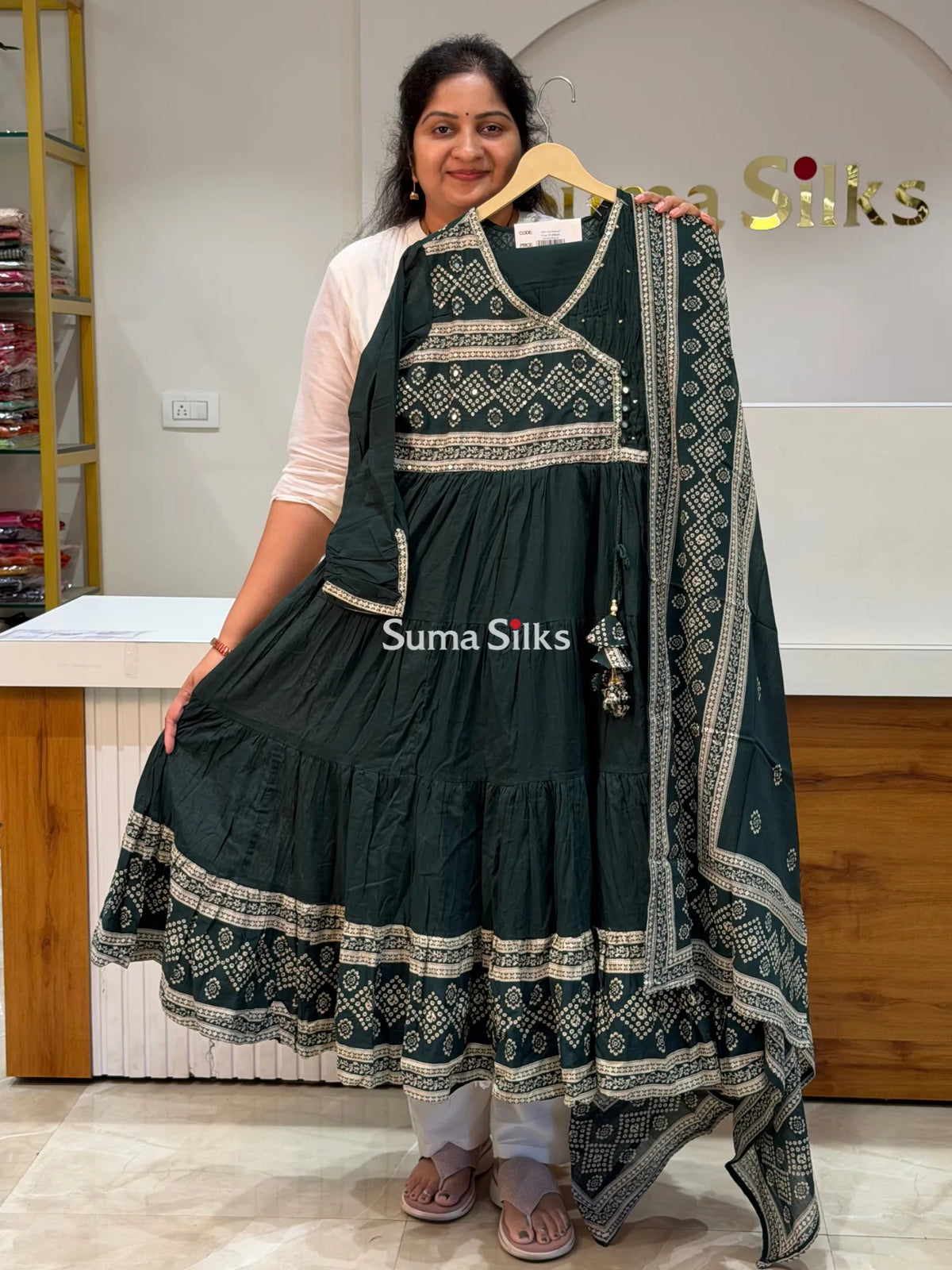 Pure Cotton Angrakha Style Readymade Bandhani Printed Tiered Anarkali Suit Set