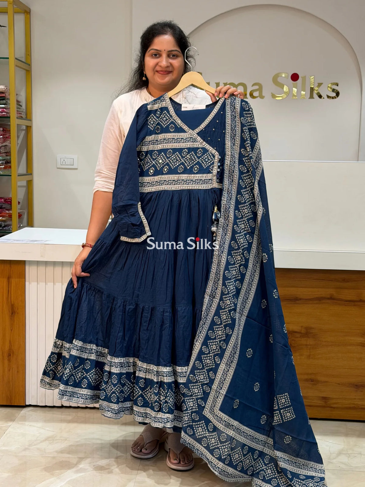 Pure Cotton Angrakha Style Readymade Bandhani Printed Tiered Anarkali Suit Set
