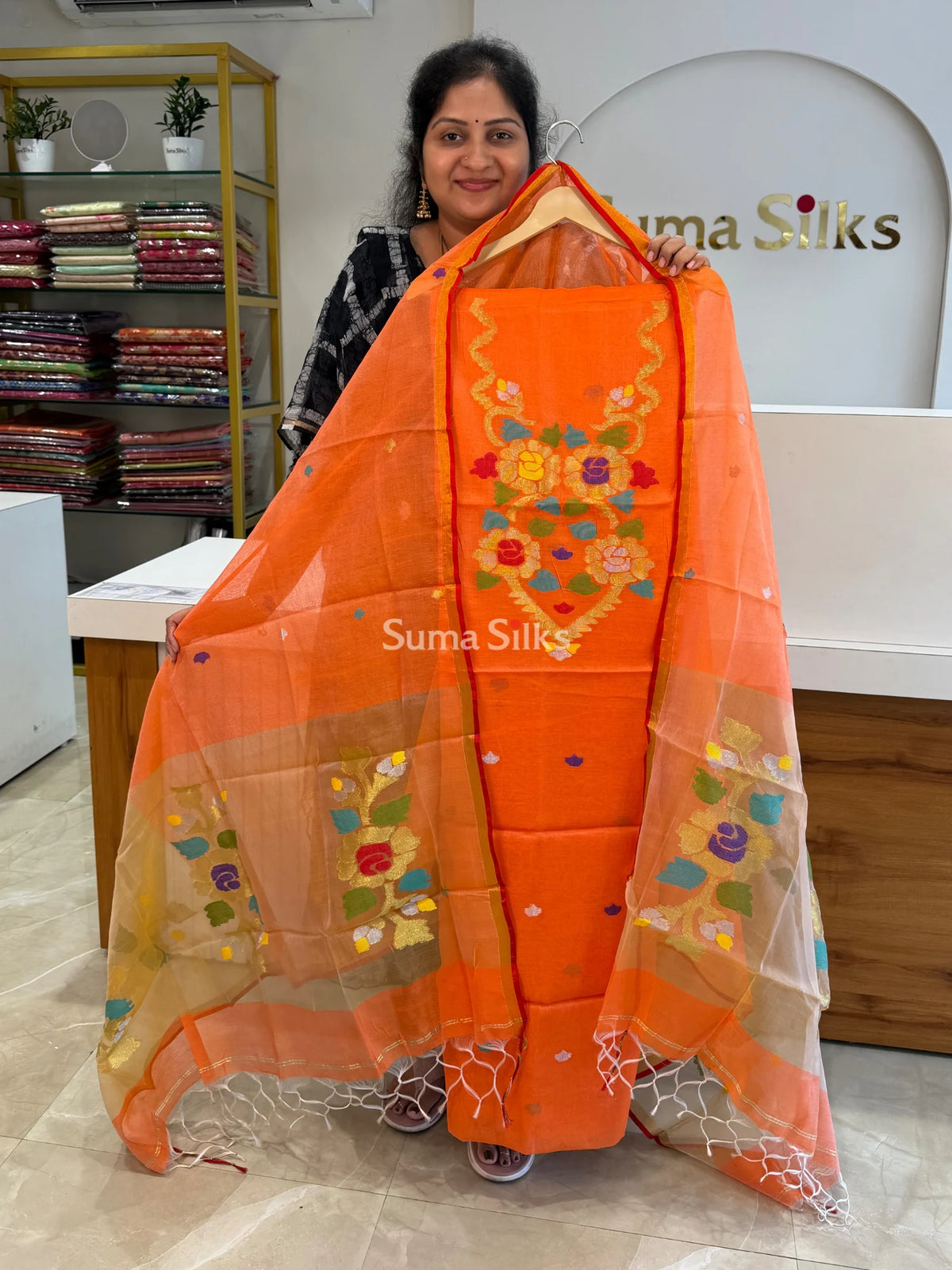 Muslin Jamdani Flower Neck Pattern Light Orange