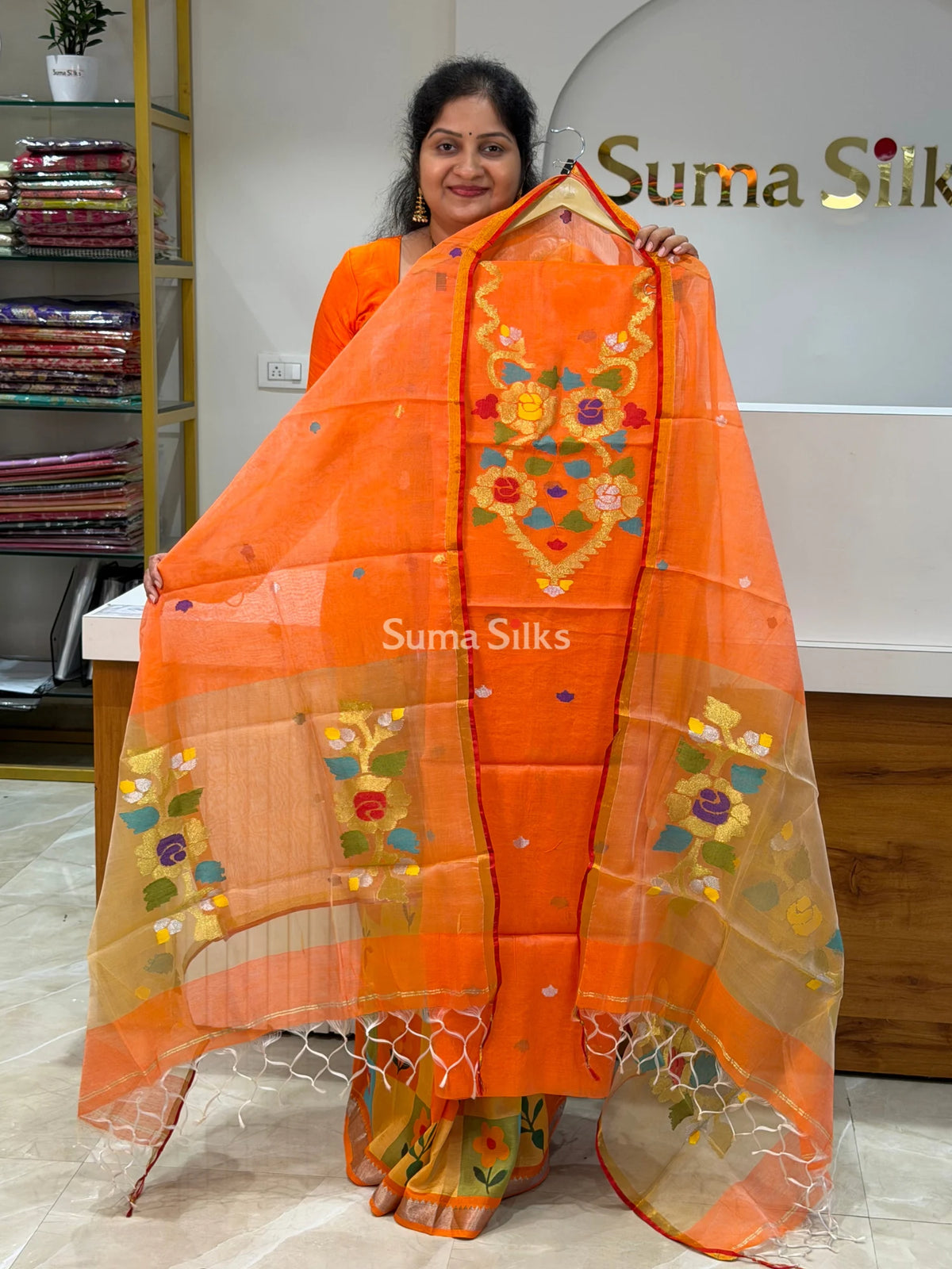 Muslin Jamdani Flower Neck Pattern Light Orange