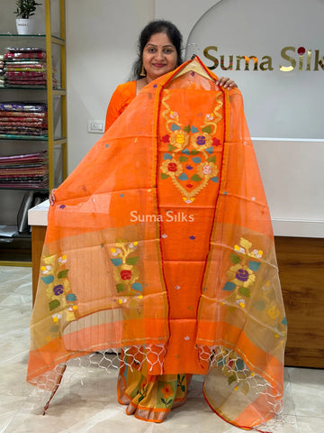 Muslin Jamdani Flower Neck Pattern Light Orange