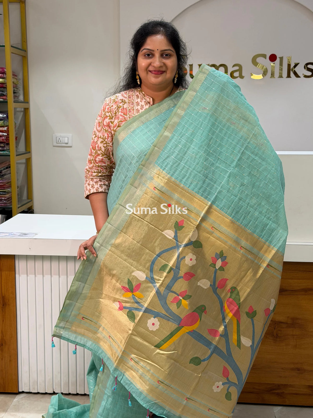 Linen Cotton Jamdani Paithani Sea Green