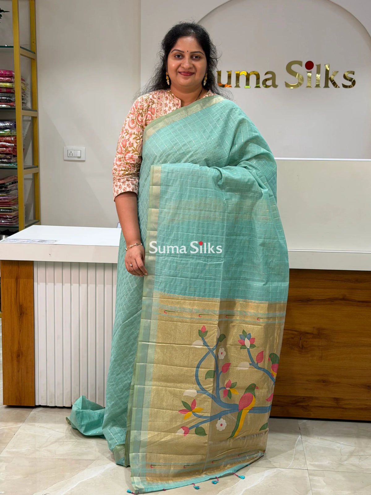 Linen Cotton Jamdani Paithani Sea Green