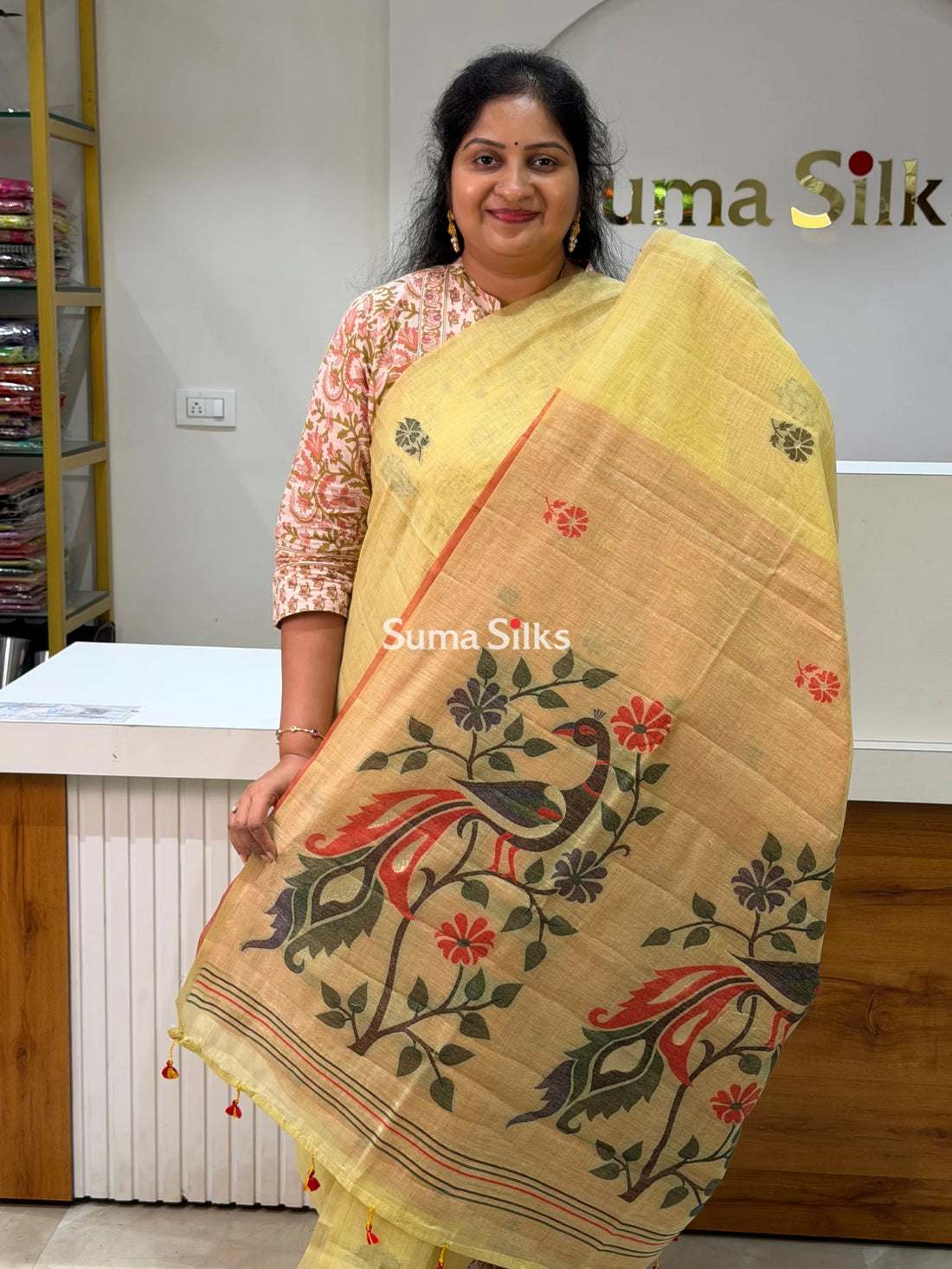 Linen Cotton Jamdani Peacock Light Yellow