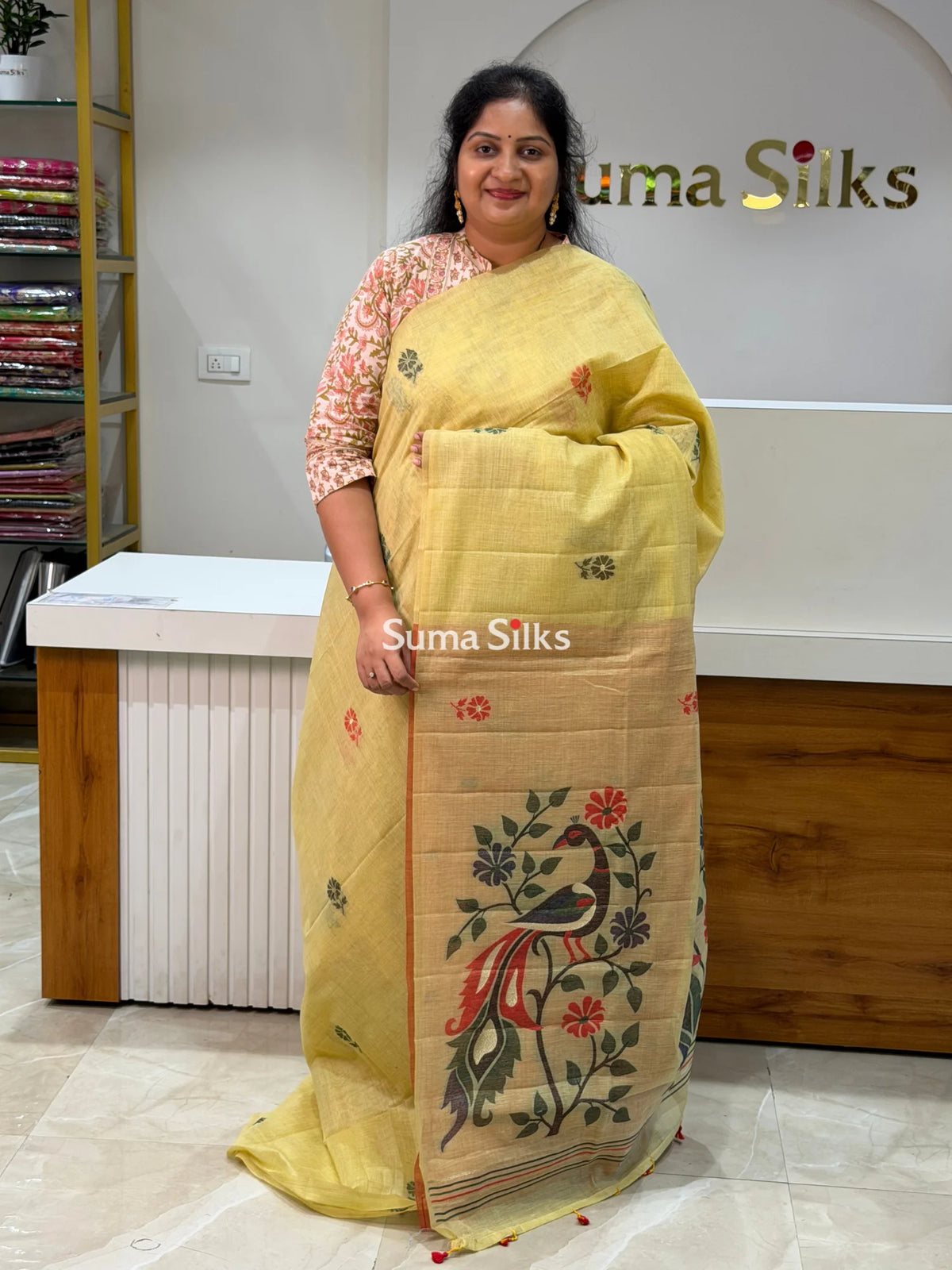 Linen Cotton Jamdani Peacock Light Yellow