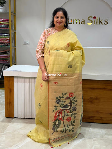 Linen Cotton Jamdani Peacock Light Yellow