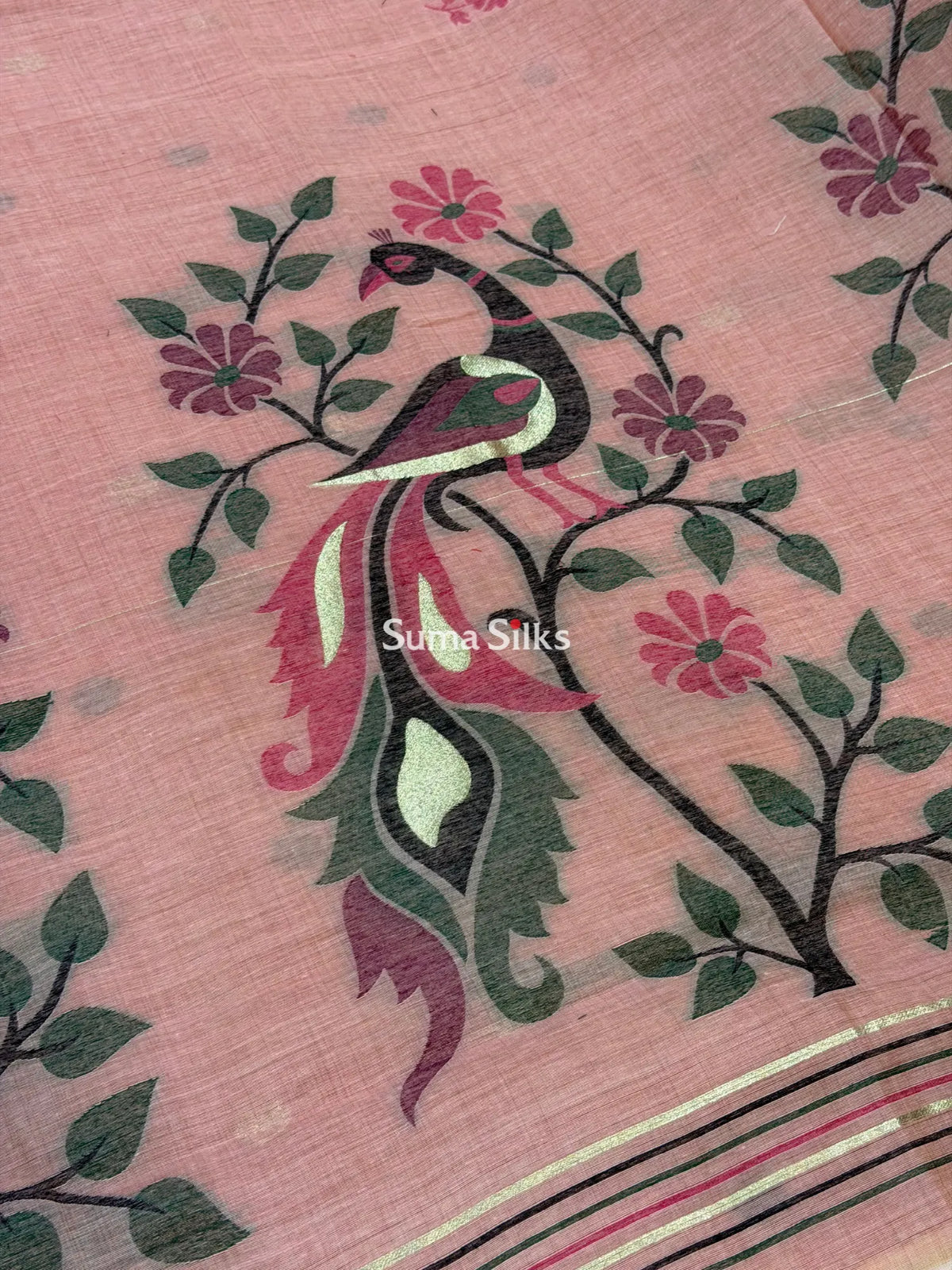 Linen Cotton Jamdani Peacock Peach