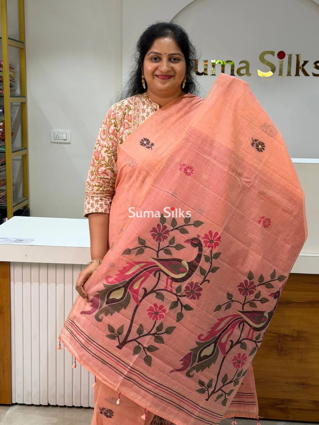 Linen Cotton Jamdani Peacock Peach