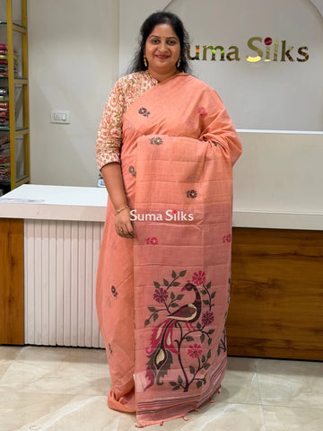 Linen Cotton Jamdani Peacock Peach