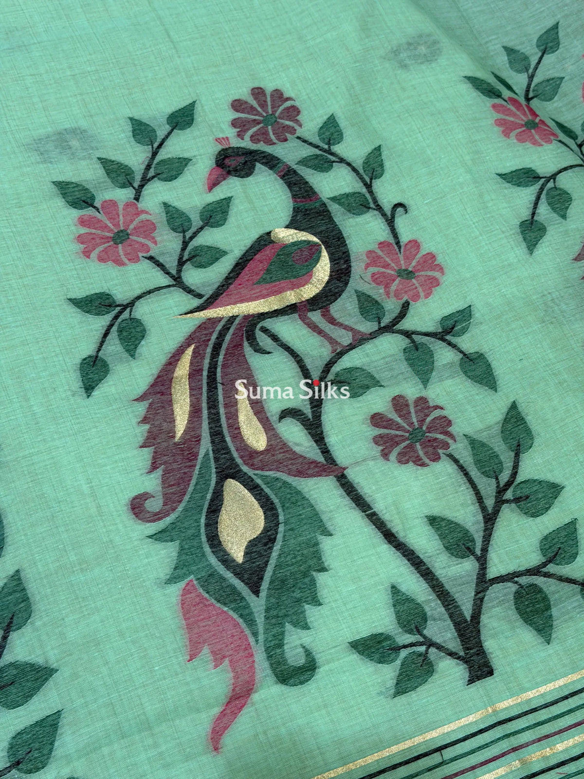 Linen Cotton Jamdani Peacock Pista