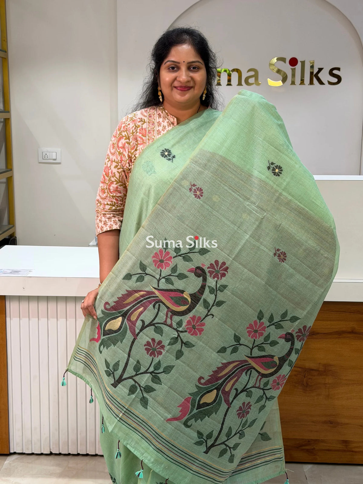 Linen Cotton Jamdani Peacock Pista