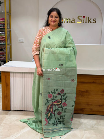Linen Cotton Jamdani Peacock Pista