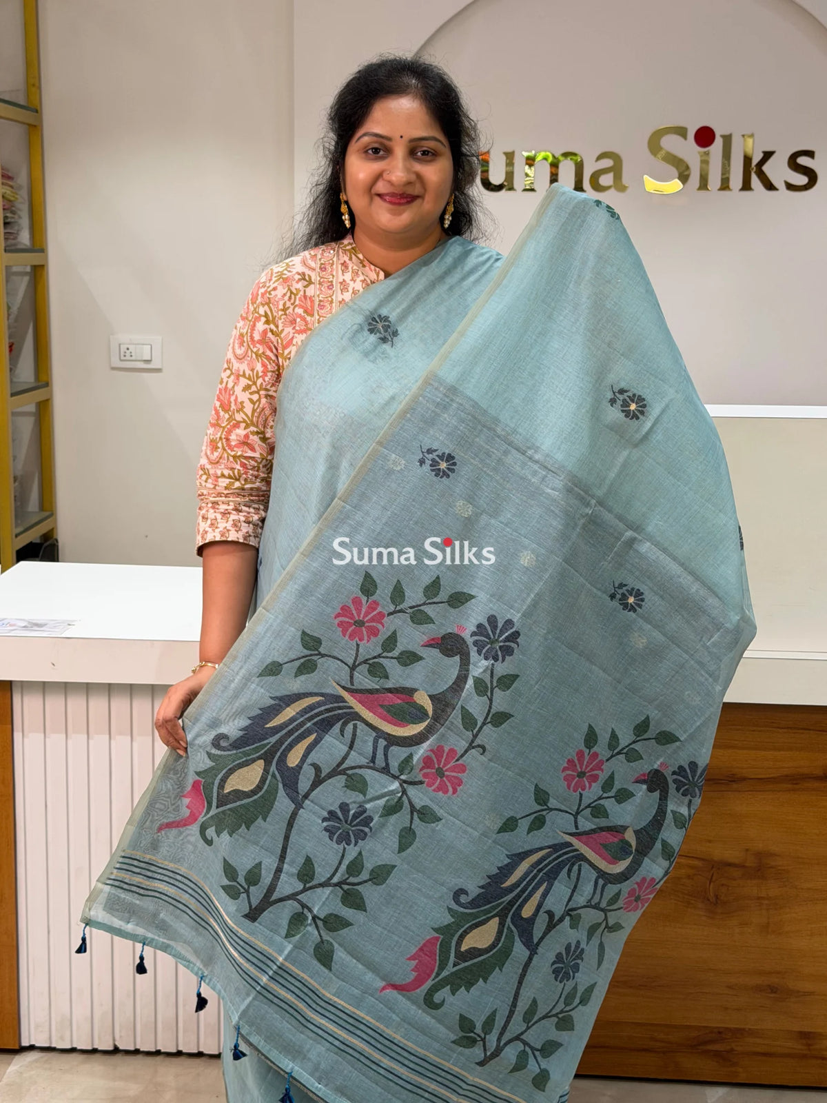 Linen Cotton Jamdani Peacock Powder Blue