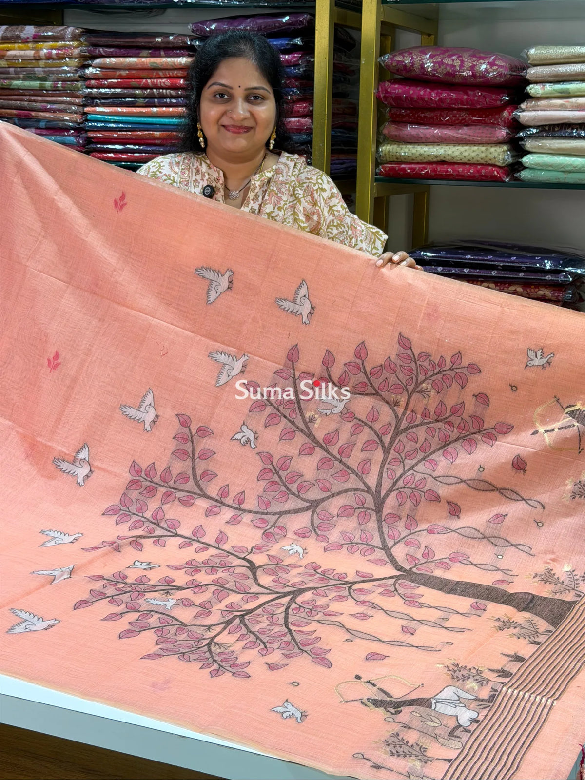 Linen Cotton Jamdani Tree Peach