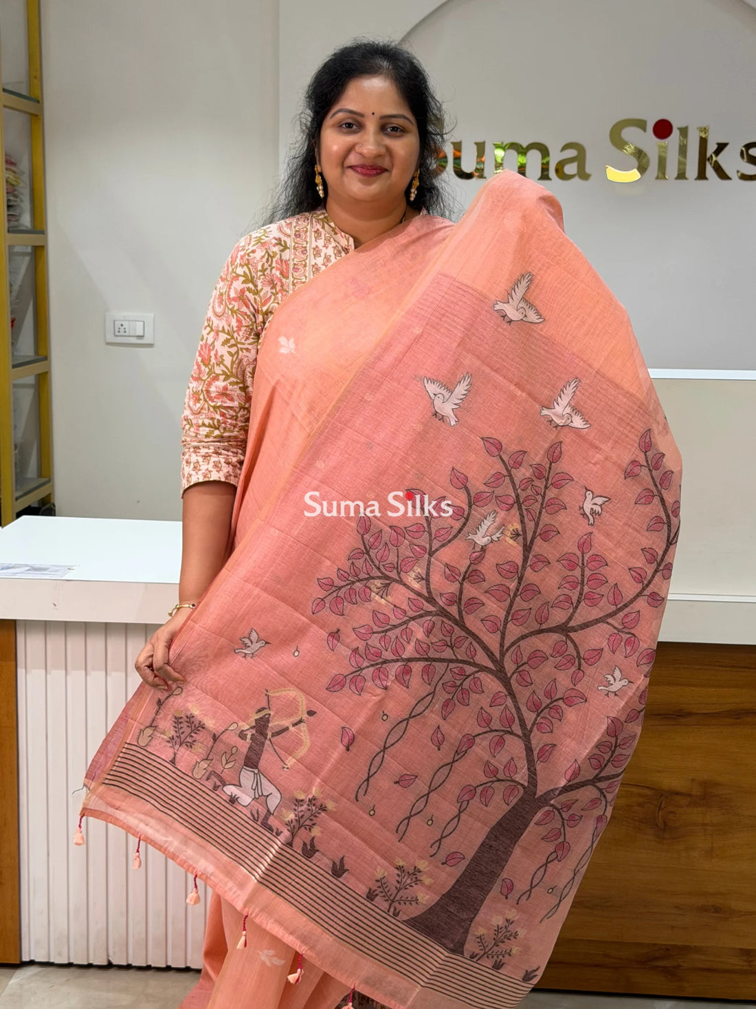 Linen Cotton Jamdani Tree Peach