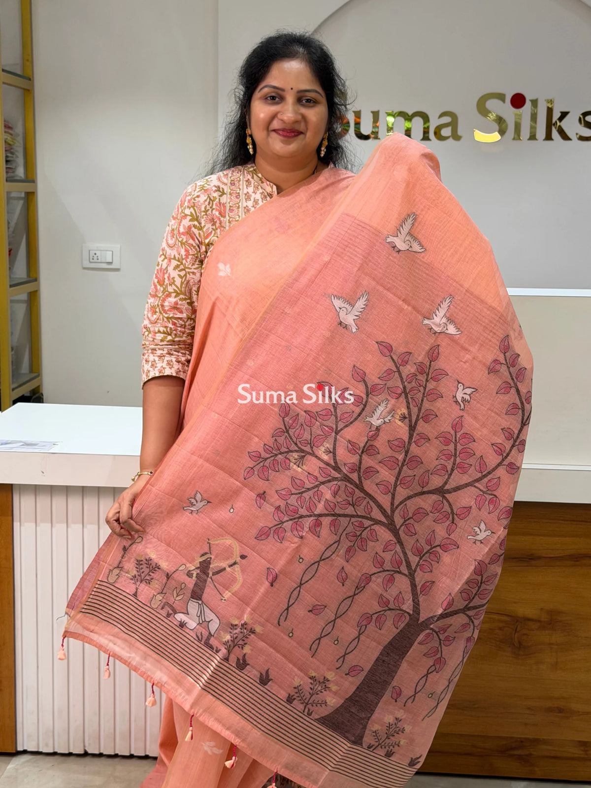 Linen Cotton Jamdani Tree Peach