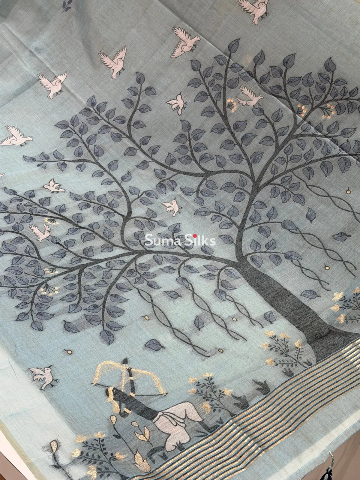 Linen Cotton Jamdani Tree Powder Blue