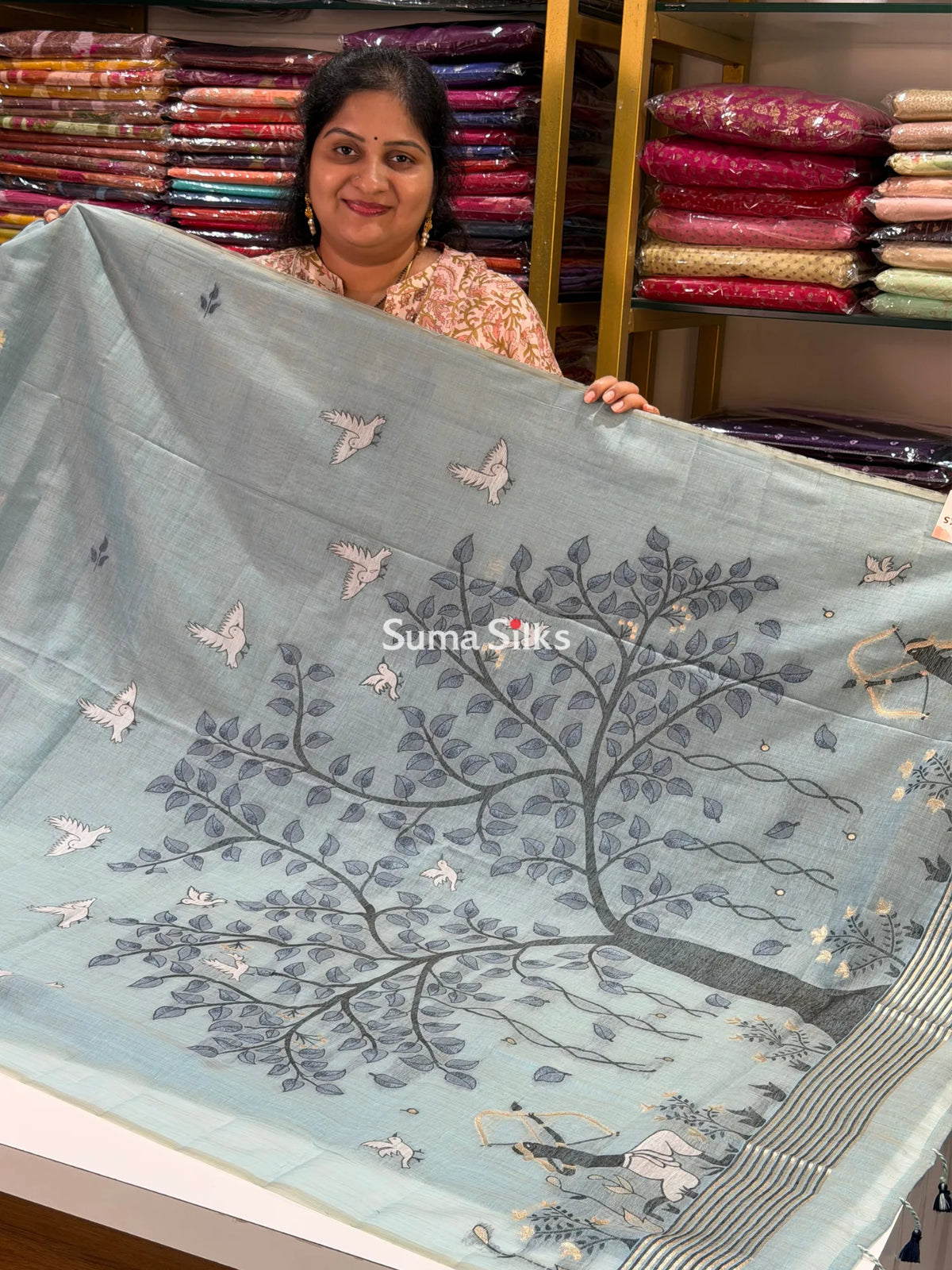 Linen Cotton Jamdani Tree Powder Blue