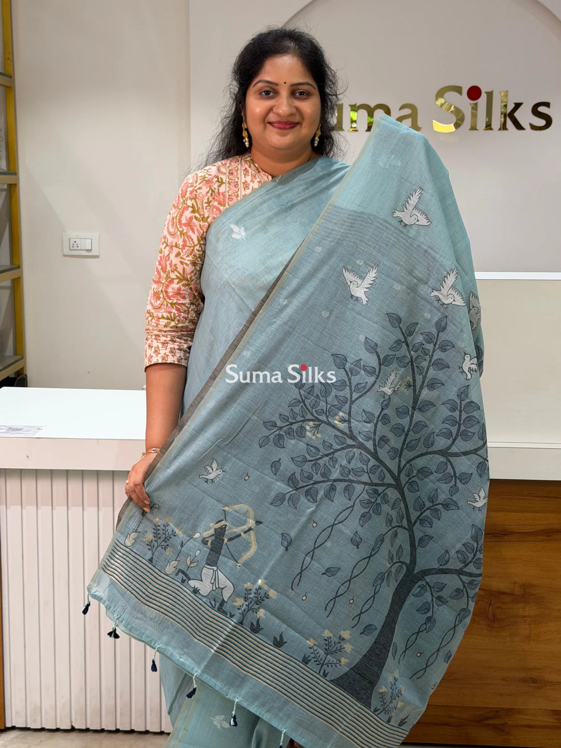 Linen Cotton Jamdani Tree Powder Blue
