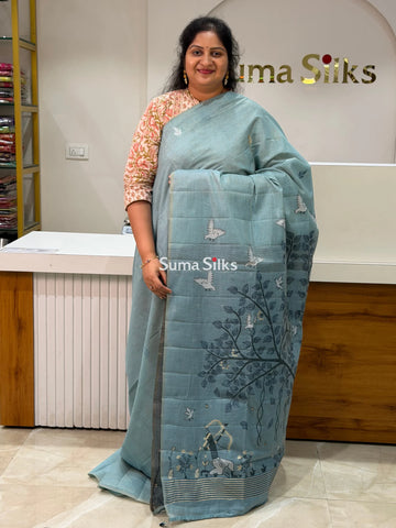 Linen Cotton Jamdani Tree Powder Blue