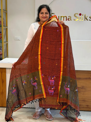 Linen Jamdani Deer Design Maroon Color