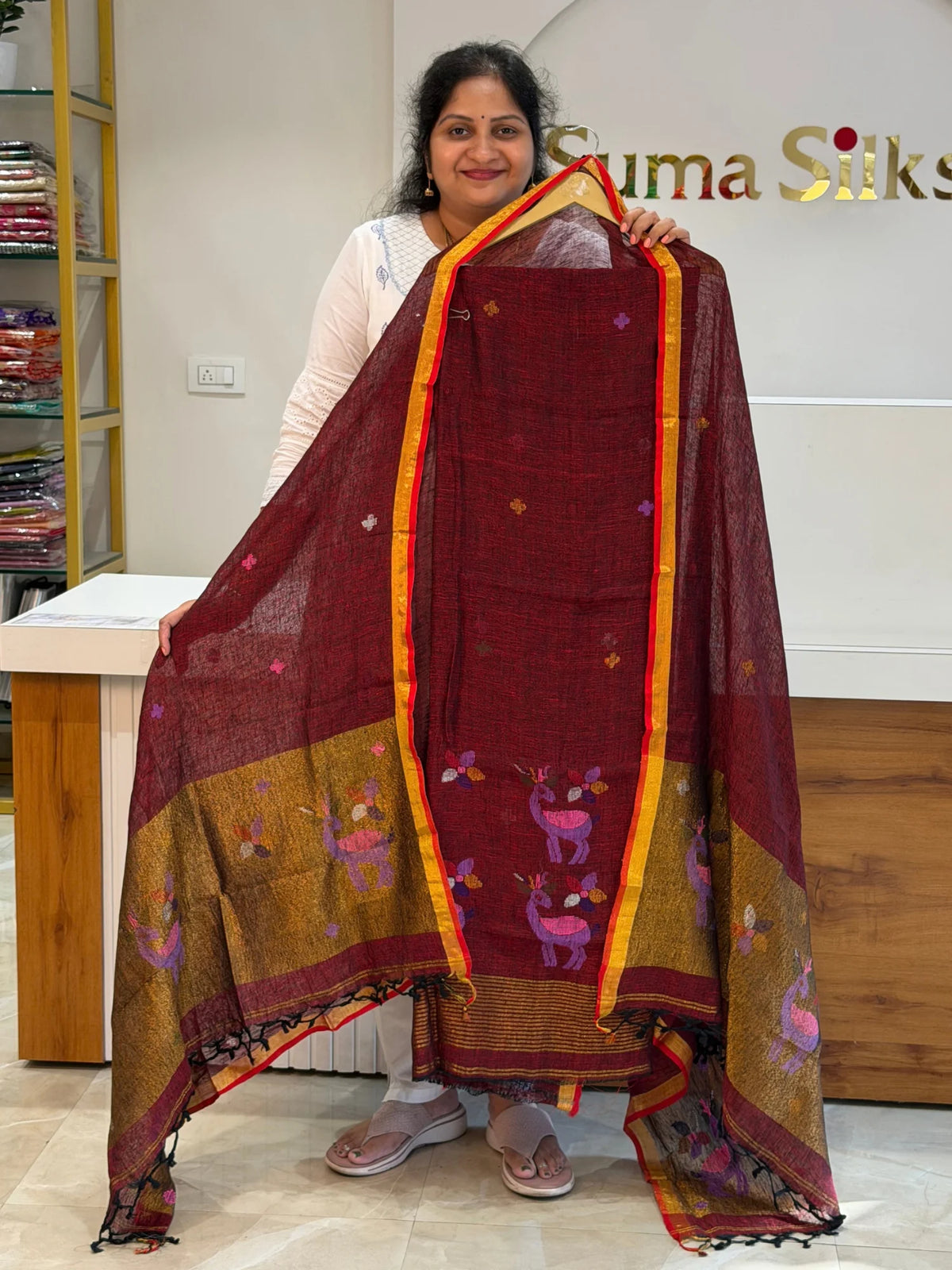 Linen Jamdani Deer Design Maroon Color