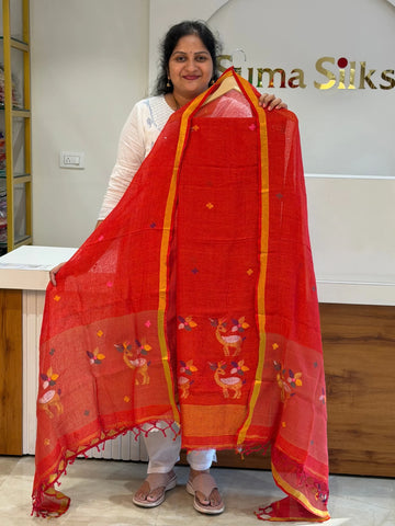 Linen Jamdani Deer Design Orange Color