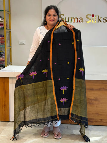 Linen Jamdani Lotus Design Black Color