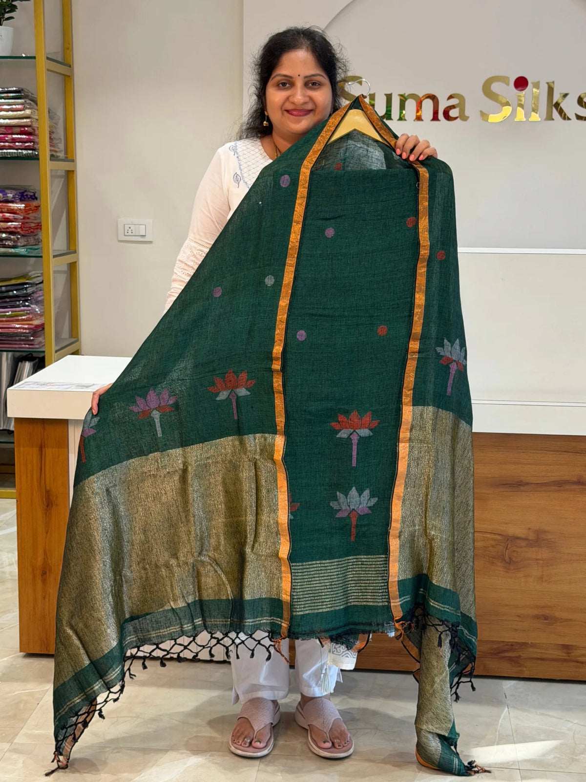 Linen Jamdani Lotus Design Bottle Green Color