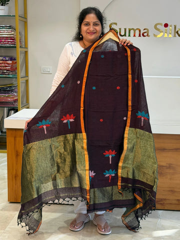 Linen Jamdani Lotus Design Brown Color
