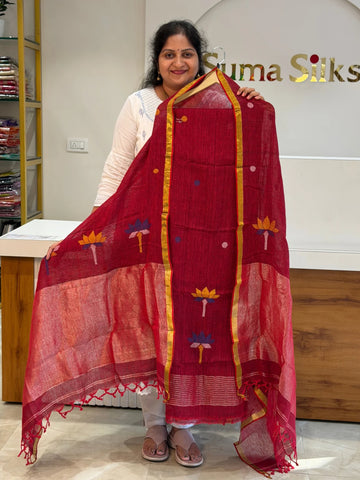 Linen Jamdani Lotus Design Maroon Color