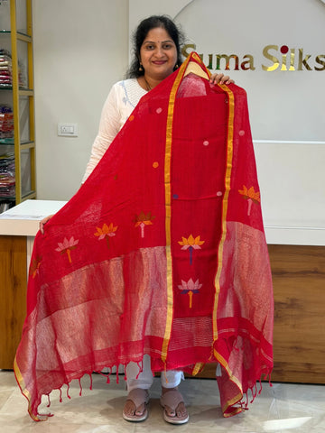Linen Jamdani Lotus Design Red Color