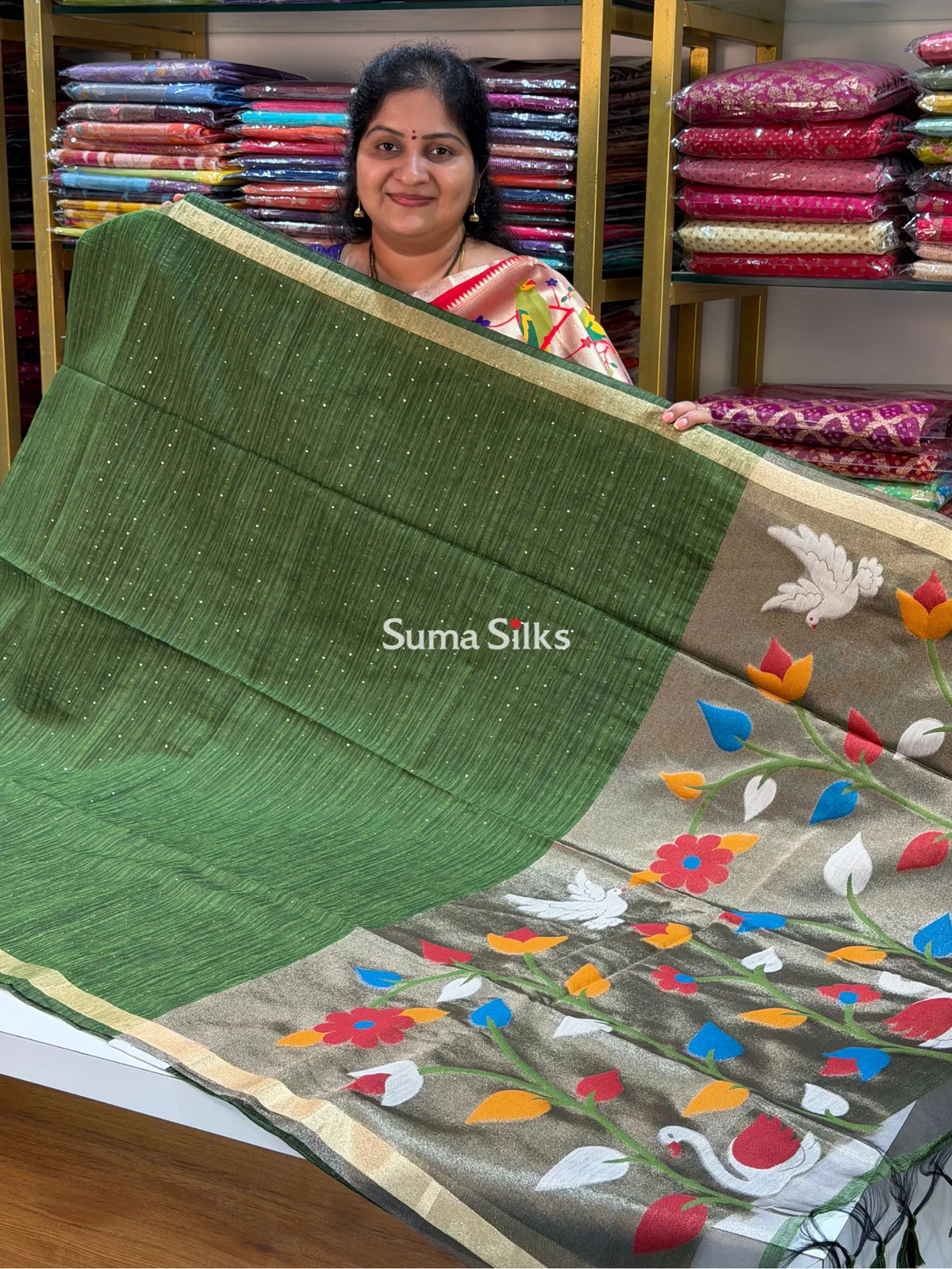 Linen Jute Silk Paithani Bottle Green Color