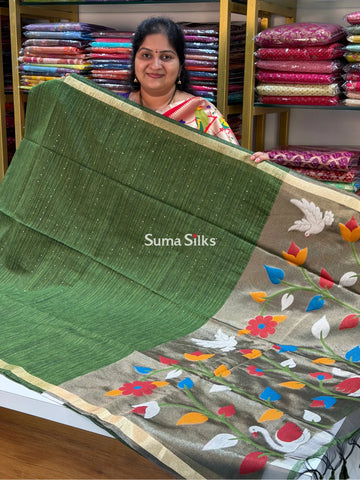 Linen Jute Silk Paithani Bottle Green Color