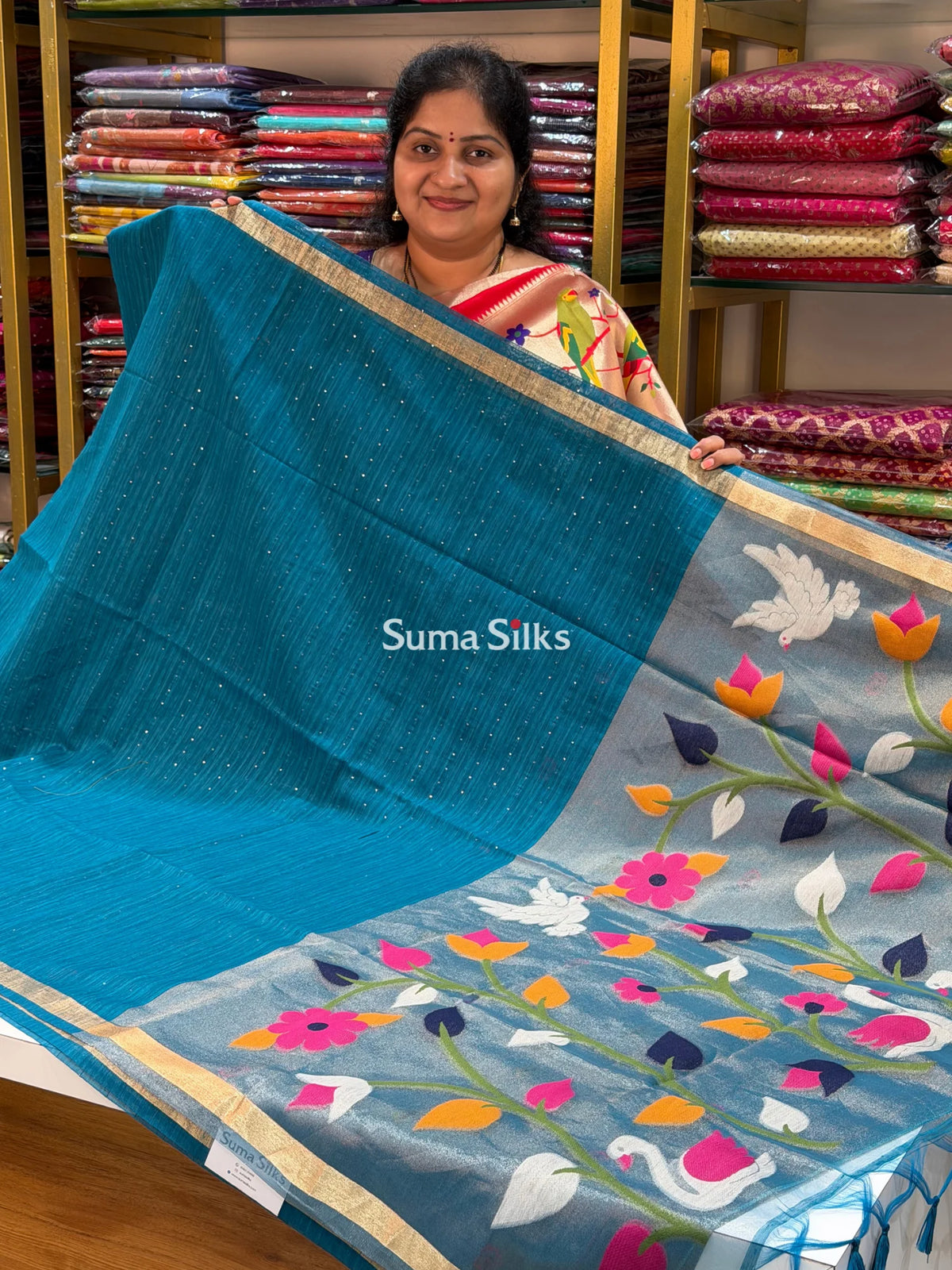 Linen Jute Silk Paithani Copper Blue Color